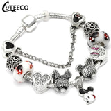 CUTEECO 925 Fashion Silver Charms Bracelet Bangle For Women Crystal Flower Beads Fit Brand Bracelets Jewelry