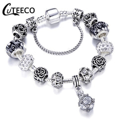 CUTEECO 925 Fashion Silver Charms Bracelet Bangle For Women Crystal Flower Beads Fit Brand Bracelets Jewelry